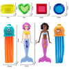 A set of four colorful mermaid dive toys for pool fun, including a yellow, green, red, and blue heart-shaped diving ring and 
