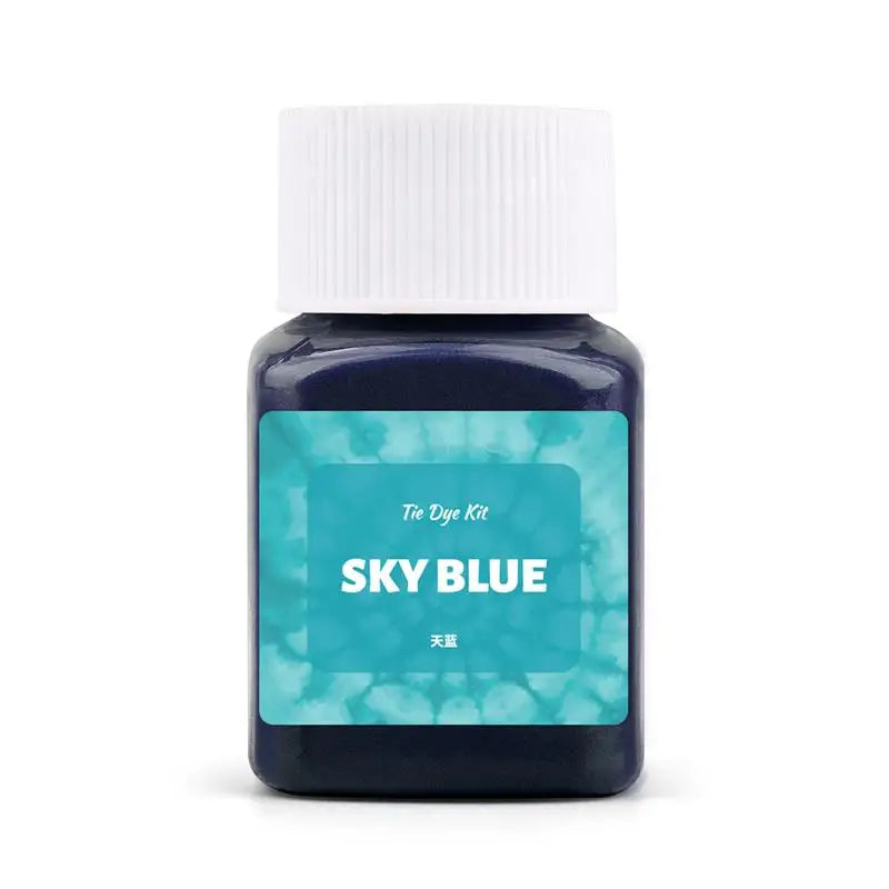 A dark blue bottle of Sky Blue textile fabric dye kit with a white cap.