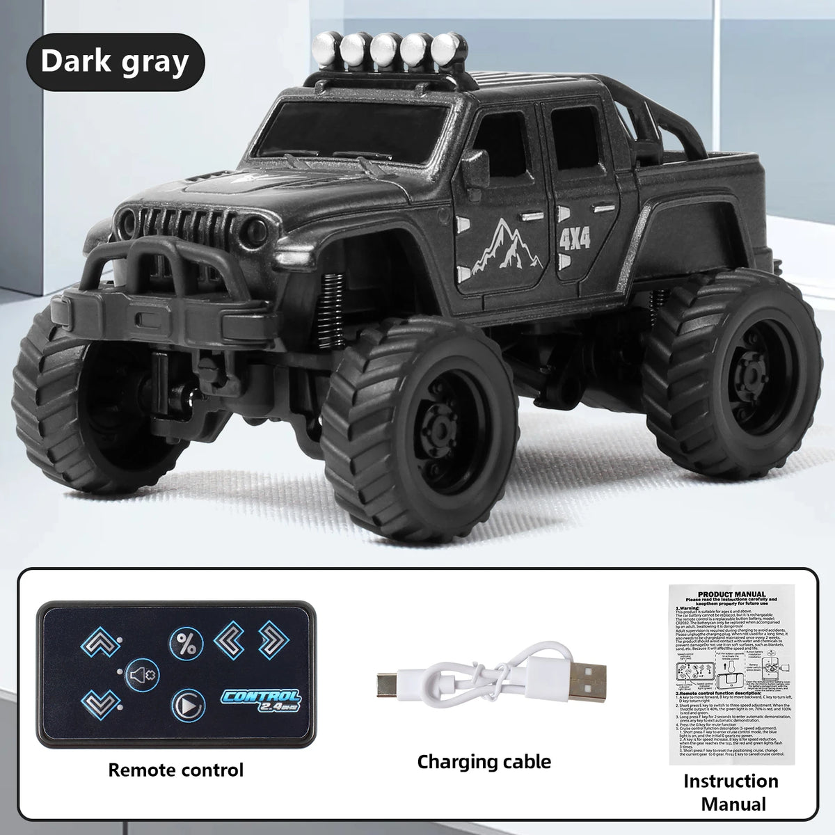 A black 1:64 scale off-road RC car with 4x4 features and a remote control, charging cable, and instruction manual.