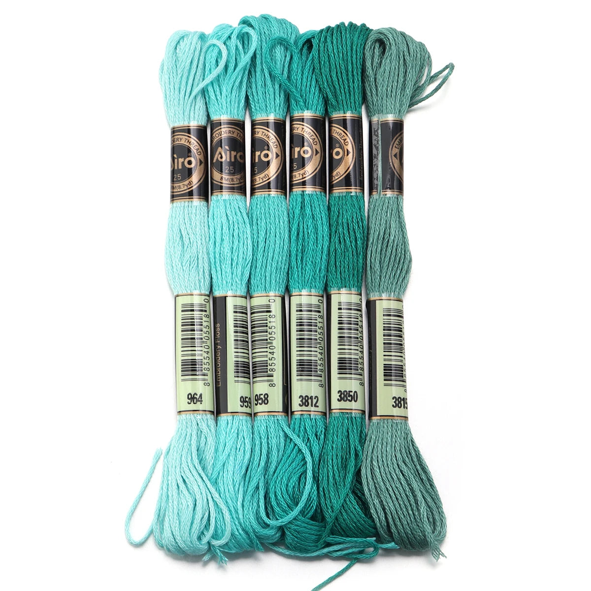 A set of six skeins of vibrant turquoise embroidery thread for cross stitch and DIY crafts.