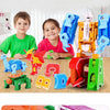 A set of alphabet transformable robot toys featuring various letter shapes and colors like red, blue, and green.