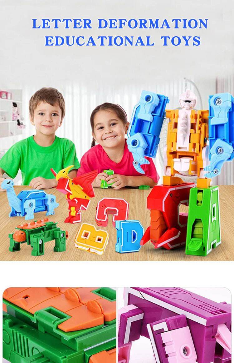 A set of alphabet transformable robot toys featuring various letter shapes and colors like red, blue, and green.
