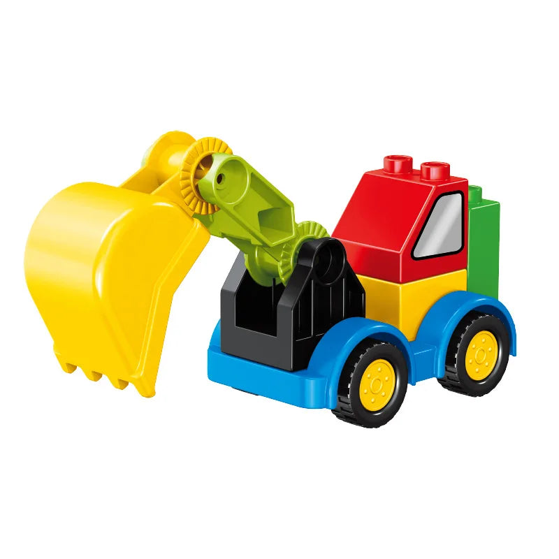 A yellow construction vehicle building block set with a green scoop and red cab.