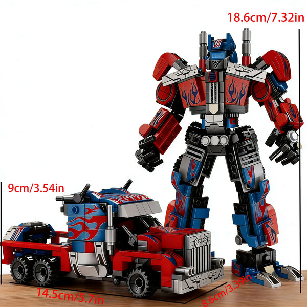 A detailed model of a cartoon character in a robot form, featuring red, blue, and silver components.