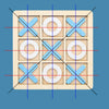 A wooden tic tac toe board game with blue and white wooden pieces set on a blue background.