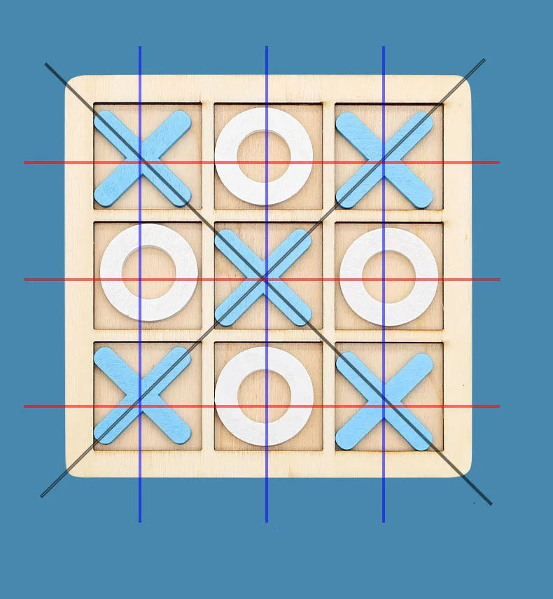A wooden tic tac toe board game with blue and white wooden pieces set on a blue background.