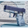 A clear blue water blaster gun with a purple cover shell pattern is displayed on a surface.