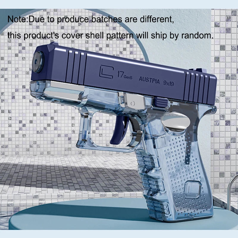 A clear blue water blaster gun with a purple cover shell pattern is displayed on a surface.
