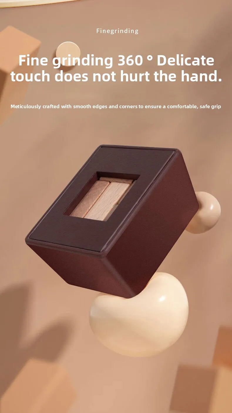 A dark brown wooden magic box puzzle with smooth edges is shown being held by a light-colored, rounded object.