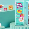 A hand is shown collecting and filling a Mini Brands Fill the Fridge mini surprise collectible into a larger fridge container