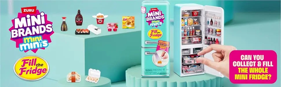 A hand is shown collecting and filling a Mini Brands Fill the Fridge mini surprise collectible into a larger fridge container