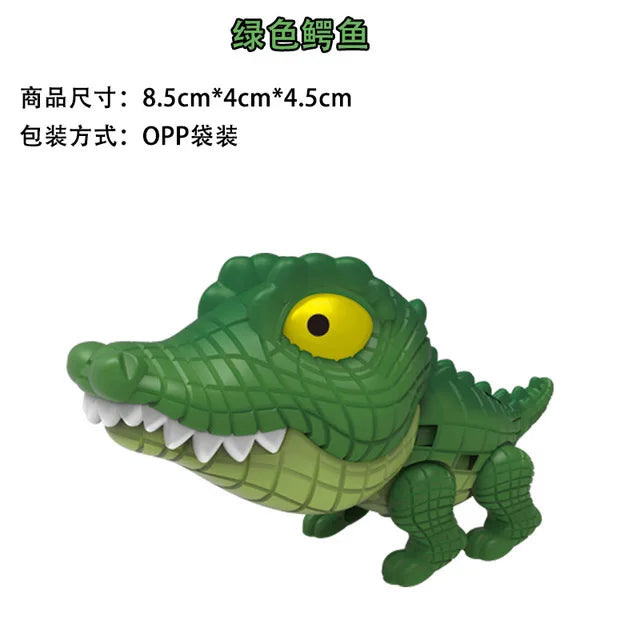 A green dinosaur fidget toy with movable joints, featuring a yellow eye and sharp teeth.