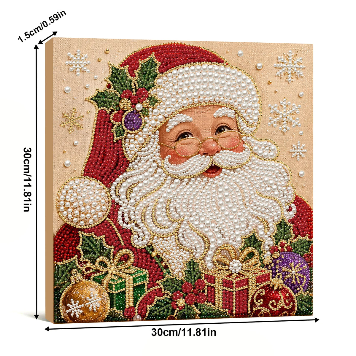 A diamond painting kit featuring a festive Christmas scene of Santa Claus with a white beard and red suit, framed in a wooden
