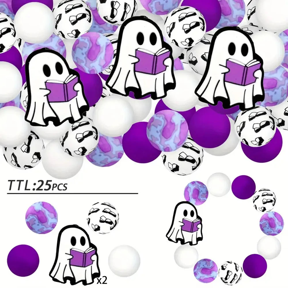 A collection of 25 purple and white Halloween silicone ghost beads for jewelry and crafting.