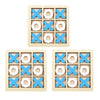A set of wooden tic tac toe boards with blue and white X marks for a children's game.