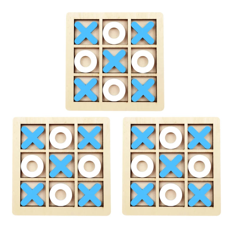 A set of wooden tic tac toe boards with blue and white X marks for a children's game.