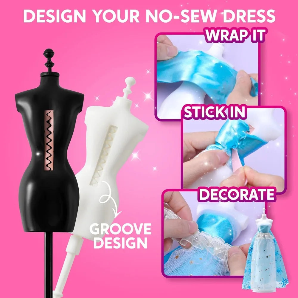 A non-sew dress design kit showing how to wrap, stick in, and decorate a fabric item.