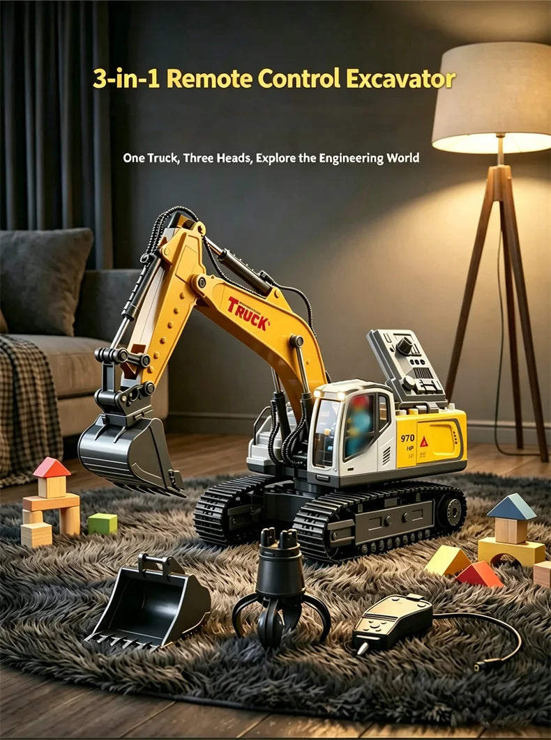 A yellow remote control excavator toy with interchangeable attachments resting on a dark rug.