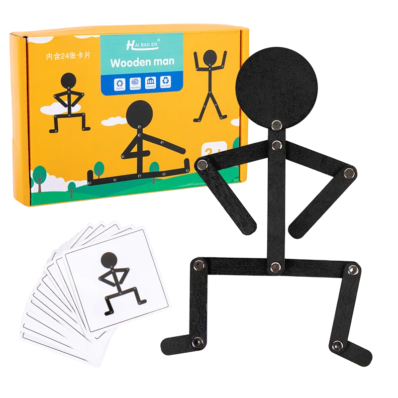 A box of wooden man jigsaw puzzles for kids showing various sports poses and a disassembled puzzle.