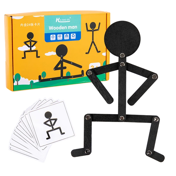A box of wooden man jigsaw puzzles for kids showing various sports poses and a disassembled puzzle.