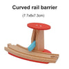 A wooden curved rail barrier accessory set used for creative railway play.