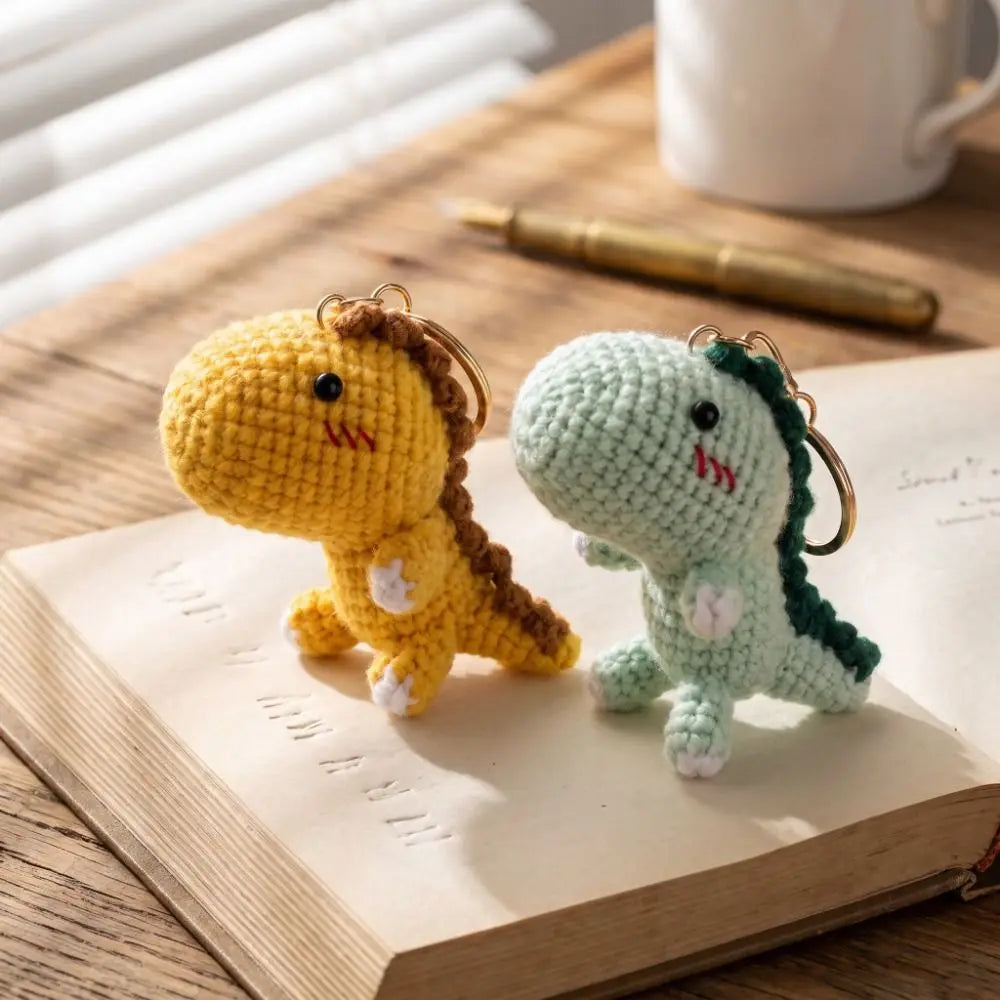 A yellow and green handmade crochet dinosaur keychain resting on an open notebook.