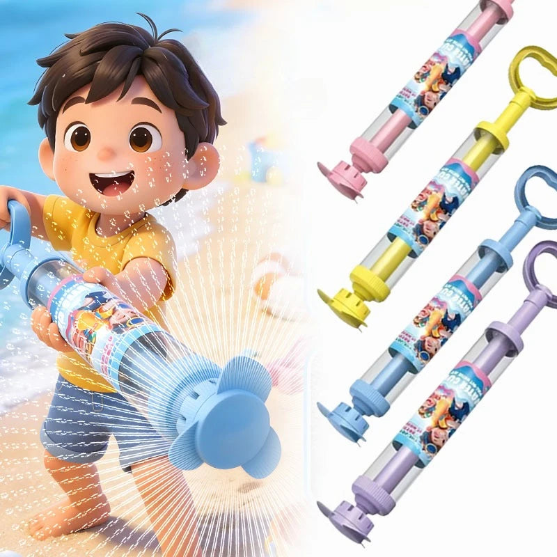 A young boy is playing with a blue rotating firework water blaster toy and several colorful versions of the same toy.