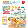 A colorful magnetic DIY train set featuring flexible tracks and cubes for building trains.