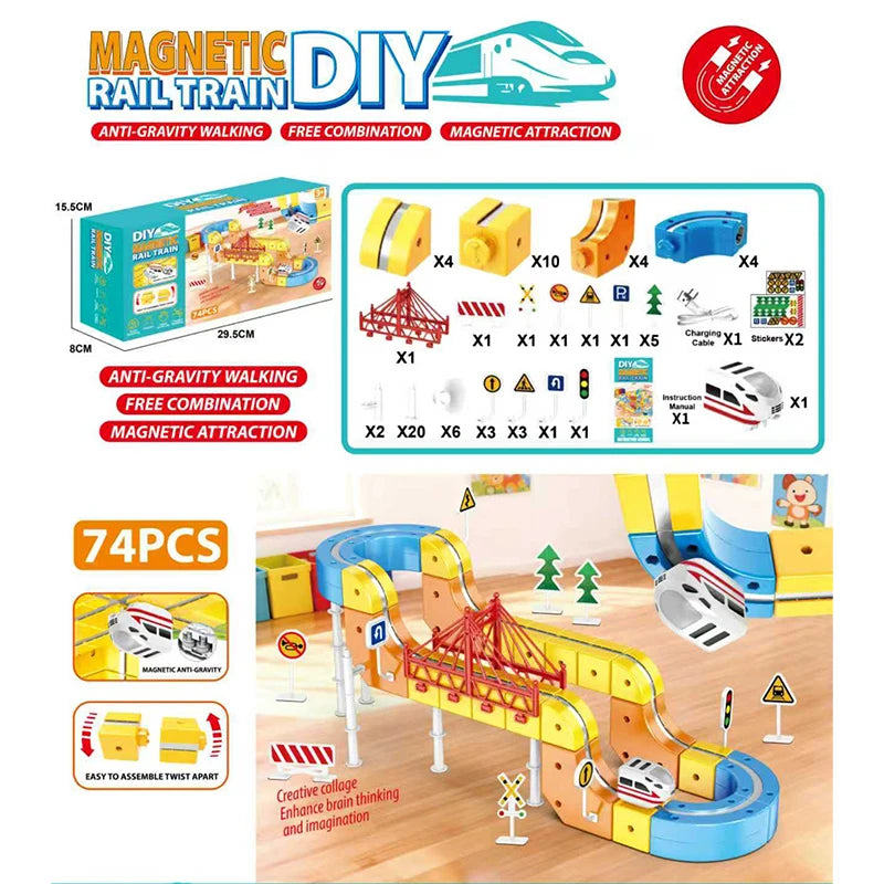 A colorful magnetic DIY train set featuring flexible tracks and cubes for building trains.
