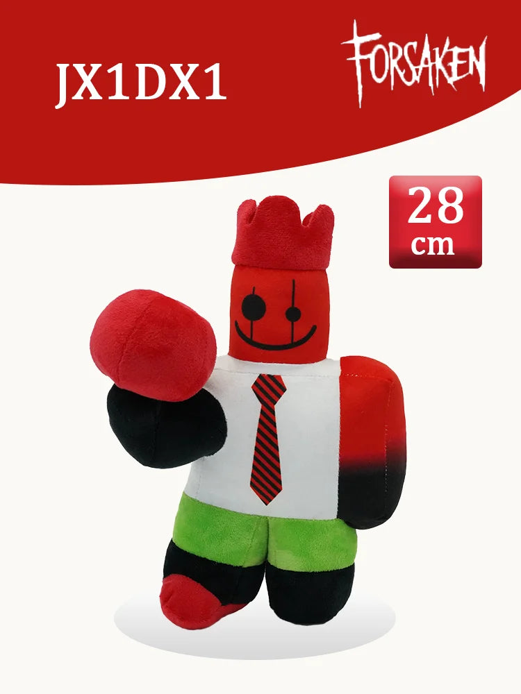 A red and black plush toy resembling a rabbit or character from a slasher game, measuring 28 cm.