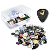 A clear plastic container holding 100 guitar picks in assorted thicknesses with a leather holder.