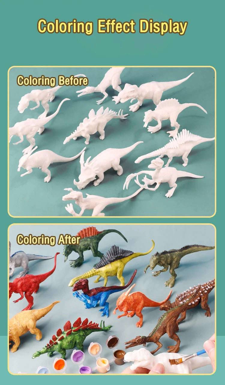 Display of dinosaur models before and after painting with various colors