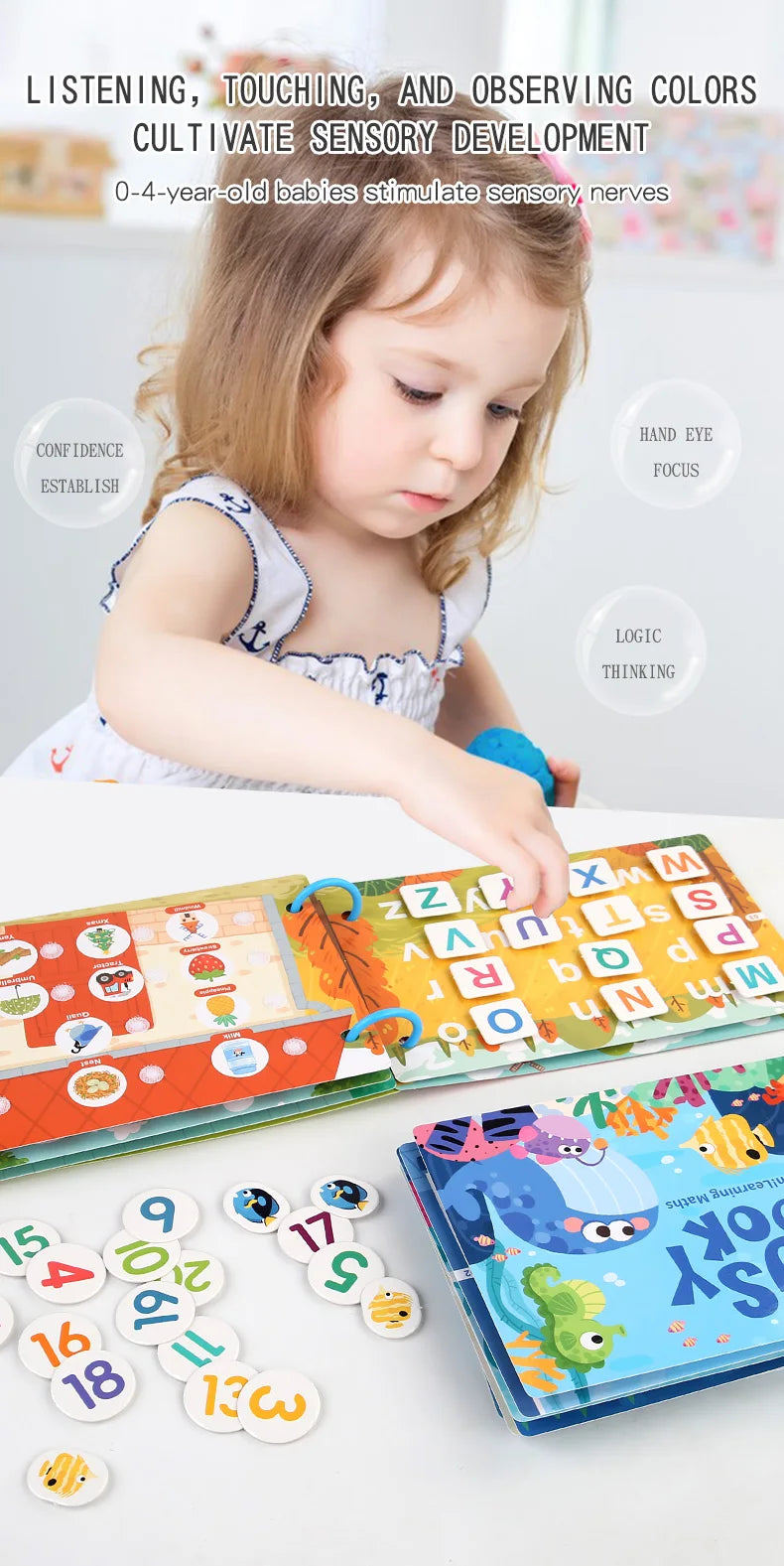 A baby is interacting with a Montessori word recognition quiet book featuring colorful letters and stickers.