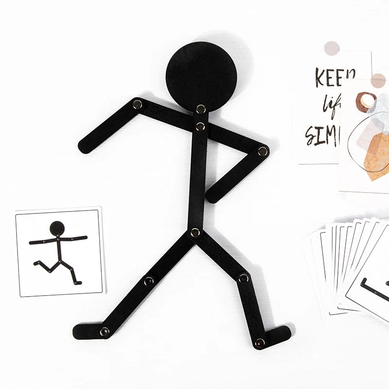 A black wooden sports pose jigsaw puzzle for kids showing a figure in a running stance.
