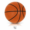 A close-up view of an orange basketball with black lines, labeled as Size 7.