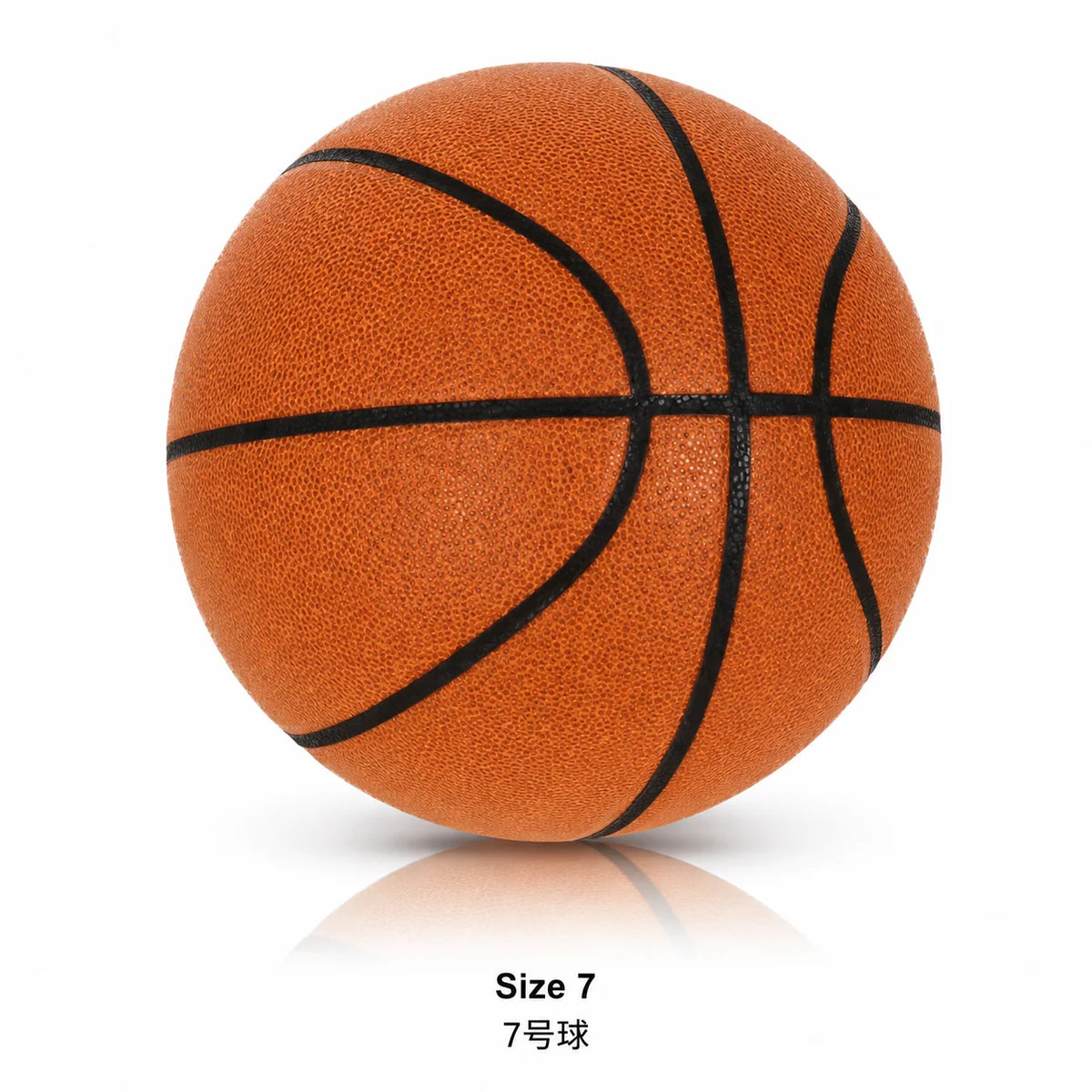 A close-up view of an orange basketball with black lines, labeled as Size 7.