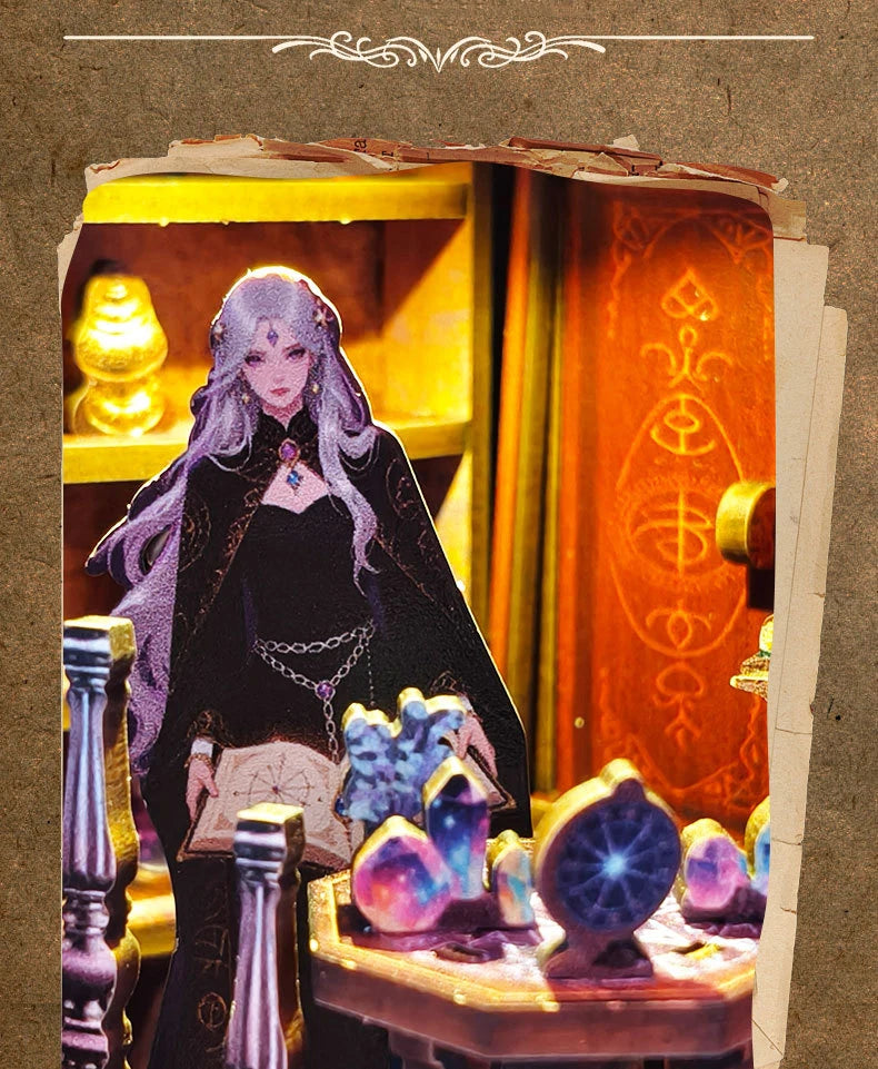 A dark-haired figure in a black cloak stands in a DIY book nook featuring LED lighting and mystical elements.