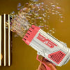 A hand is firing a pink and white rocket bubble gun that is shooting bubbles against a yellow background.