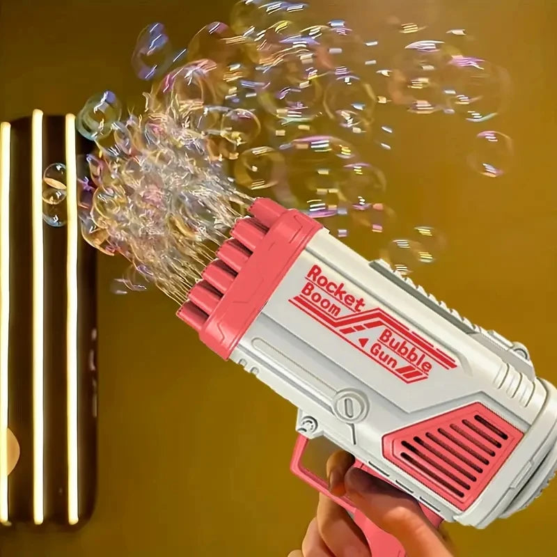 A hand is firing a pink and white rocket bubble gun that is shooting bubbles against a yellow background.