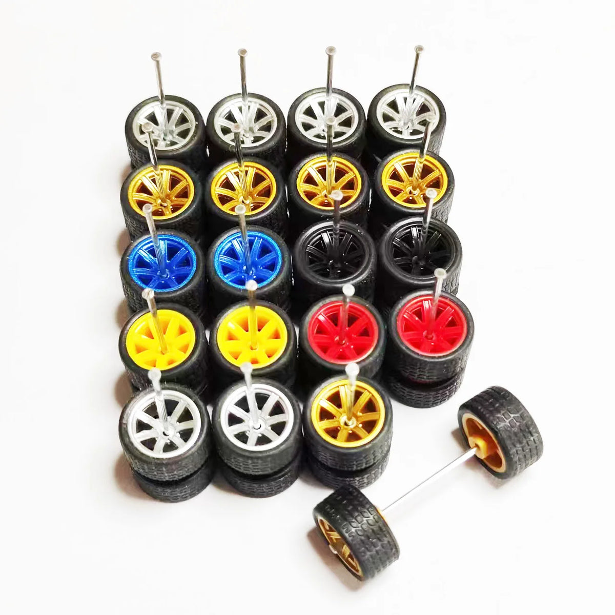 1/64 Scale Alloy Car Wheels with Rubber Tires - 10 Sets