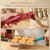 A red silicone pot gripper with metal tongs is shown being used for food preparation.