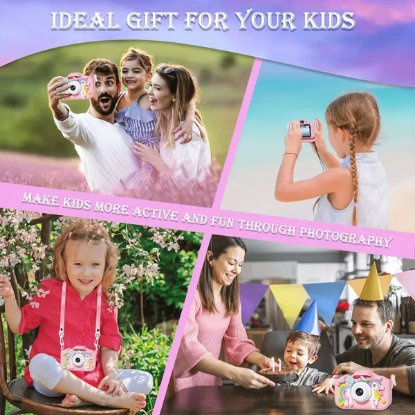 A collage showing children enjoying photography, including a girl with a pink camera and a boy with a camera.