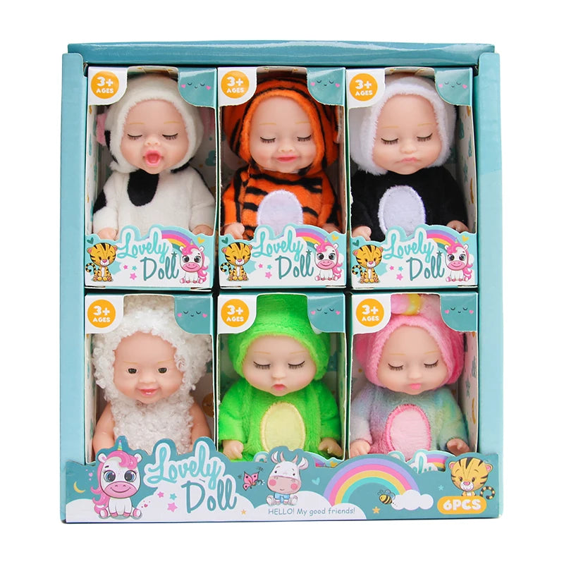 A box of a Lovely Doll set featuring six realistic mini reborn baby dolls with various outfits and accessories.