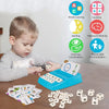 A child is playing a 2-in-1 matching letter and number game with wooden blocks and cards for early learning.