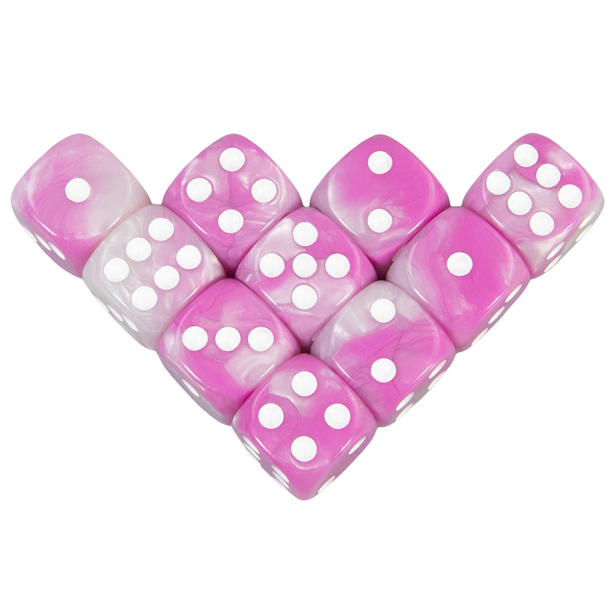 A set of ten pink and white marbled acrylic dice in a hexagonal shape.