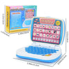 A pink and blue kids' interactive learning laptop toy with colorful buttons and letters for educational play.