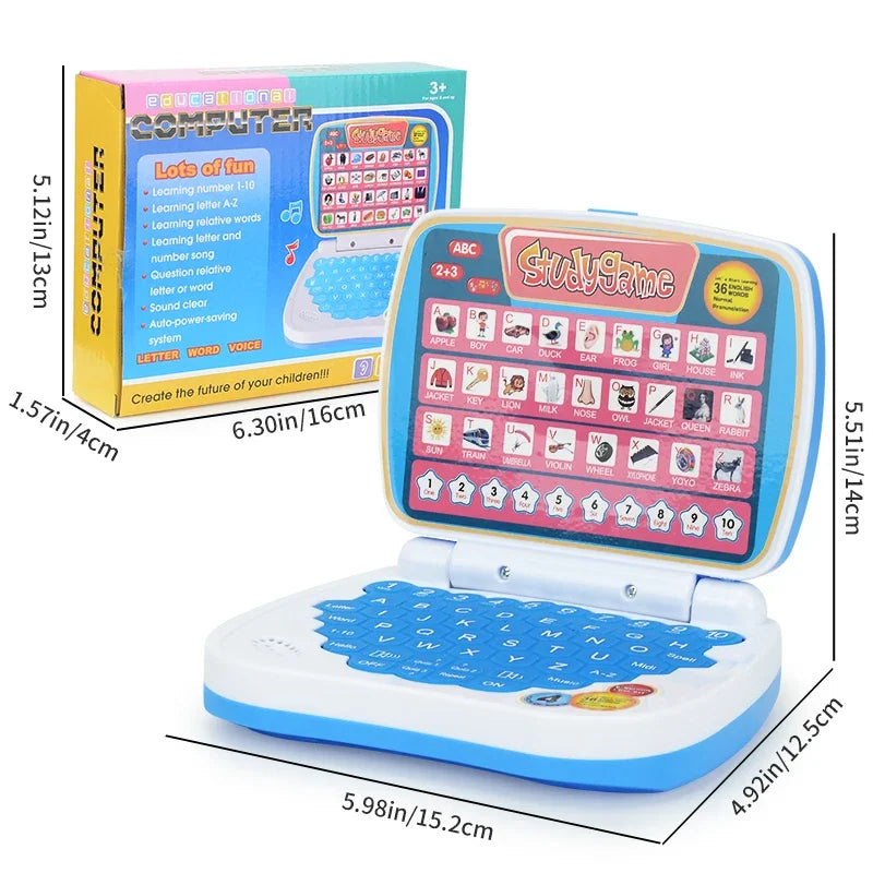 A pink and blue kids' interactive learning laptop toy with colorful buttons and letters for educational play.