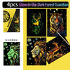 A set of four glow-in-the-dark forest guardian scratch art cards featuring animals like a lion, deer, and tiger.