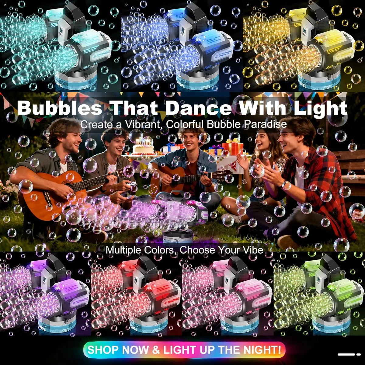 Une machine à bulles vibrante crée un paradis de bulles colorées avec des effets lumineux dansants.