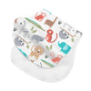 A white burp cloth featuring colorful illustrations of various jungle animals like monkeys, tigers, and elephants.